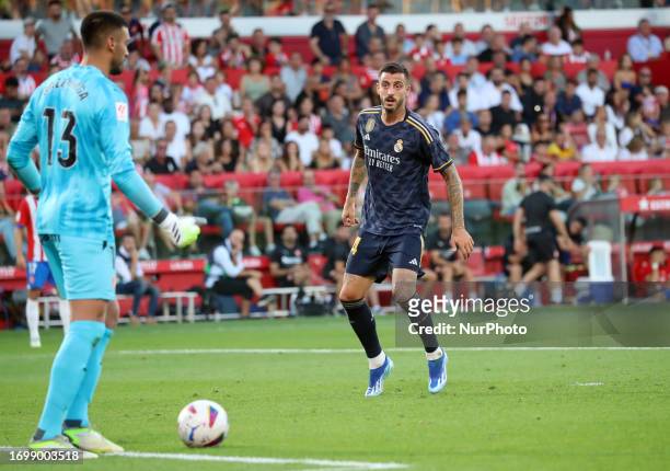 Paulo Gazzaniga and Joselu during the match between Girona FC and Real Madrid CF, corresponding to the week 8 of the LaLiga EA Sports, played at the...