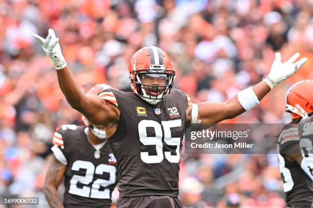 Myles Garrett of the Cleveland Browns reacts after a play during the first half in the game against the Tennessee Titans at Cleveland Browns Stadium...