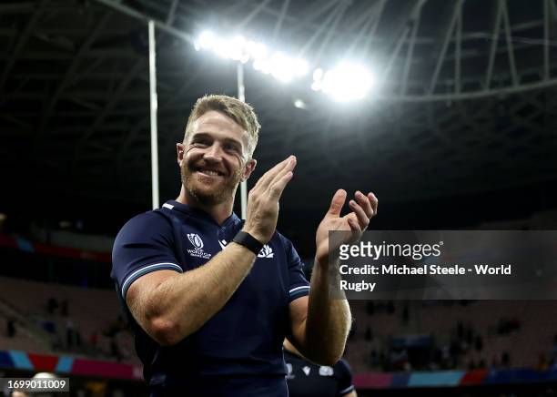 Kyle Steyn of Scotland applauds the fans at full-time following the Rugby World Cup France 2023 match between Scotland and Tonga at Stade de Nice on...