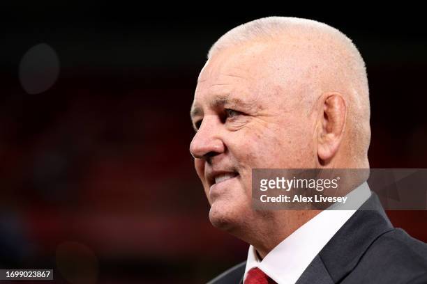 Warren Gatland, Head Coach of Wales, looks on prior to the Rugby World Cup France 2023 match between Wales and Australia at Parc Olympique on...