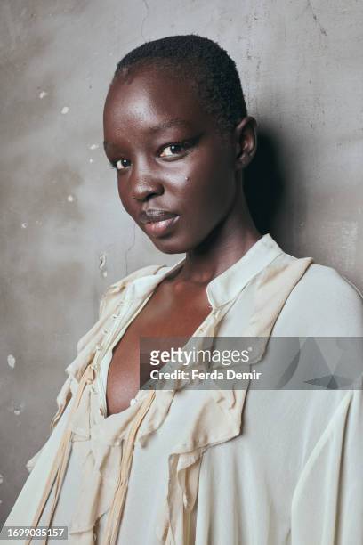 Model is seen backstage ahead of the Aniye Records fashion show during the Milan Fashion Week Womenswear Spring/Summer 2024 on September 24, 2023 in...