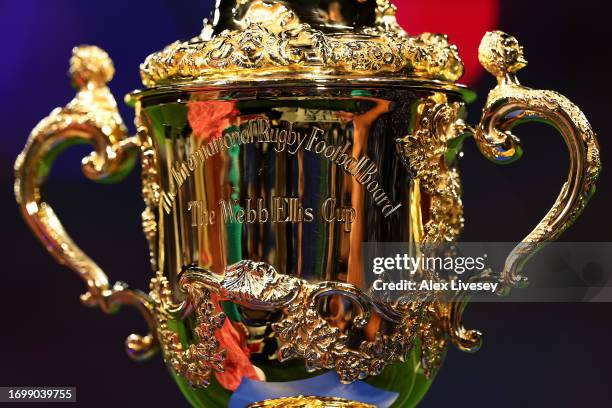 Detailed view of The Webb Ellis Cup prior to the Rugby World Cup France 2023 match between Wales and Australia at Parc Olympique on September 24,...