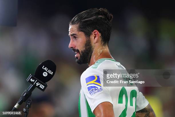Isco of Real Betis speaks to the media after the draw during the LaLiga EA Sports match between Real Betis and Cadiz CF at Estadio Benito Villamarin...