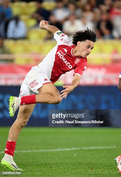 Maghnes Akliouche of AS Monaco shoots and scores 3rd goal during the Ligue 1 Uber Eats match between AS Monaco and Olympique de Marseille at Stade...