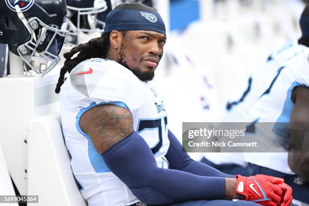 Derrick Henry of the Tennessee Titans looks on during the first half in the game against the Cleveland Brown at Cleveland Browns Stadium on September...