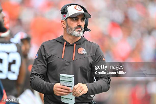Head coach Kevin Stefanski of the Cleveland Browns looks on during the first half in the game against the Tennessee Titans at Cleveland Browns...