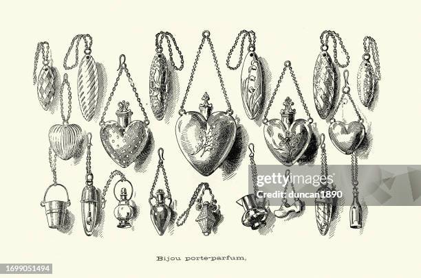vintage-illustration viktorianischer parfümhalterschmuck, halsketten, herzförmig, 1890er jahre, 19. jahrhundert - medaillons stock-grafiken, -clipart, -cartoons und -symbole