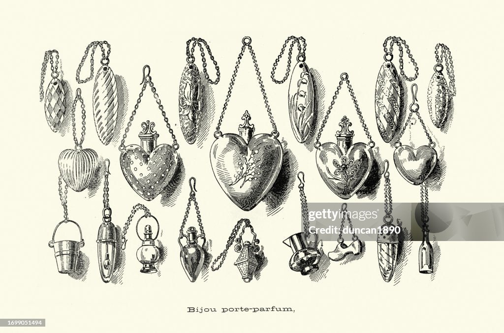 Vintage illustration Victorian Perfume holder jewelry, necklaces, heart shaped, 1890s, 19th Century