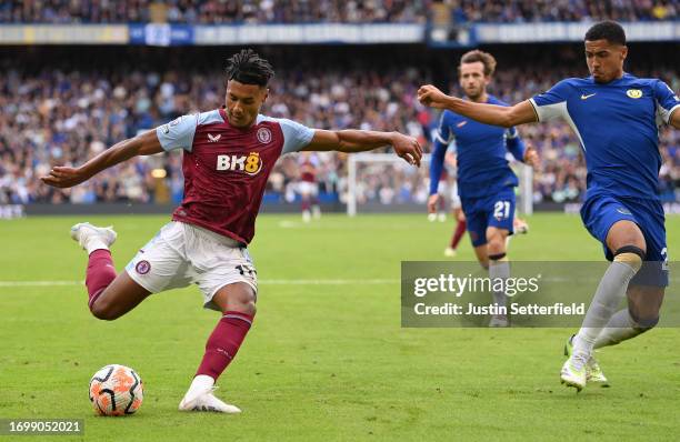 Ollie Watkins of Aston Villa scores the team's first goal during the Premier League match between Chelsea FC and Aston Villa at Stamford Bridge on...