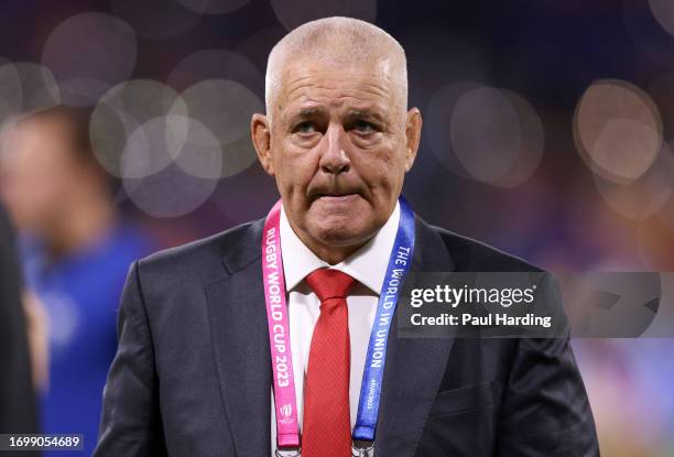 Warren Gatland, Head Coach of Wales looks on prior to the Rugby World Cup France 2023 match between Wales and Australia at Parc Olympique on...