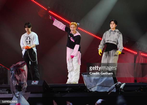 Bang Chan, Changbin, and Han of Kpop band 3RACHA/Stray Kids are seen at the 2023 Global Citizen Festival on September 22, 2023 in New York City.