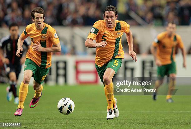 Mark Milligan of Australia in action during the FIFA World Cup qualifier match between Japan and Australia at Saitama Stadium on June 4, 2013 in...
