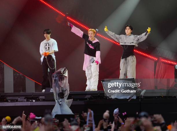 Bang Chan, Changbin, and Han of Kpop band 3RACHA/Stray Kids are seen at the 2023 Global Citizen Festival on September 22, 2023 in New York City.