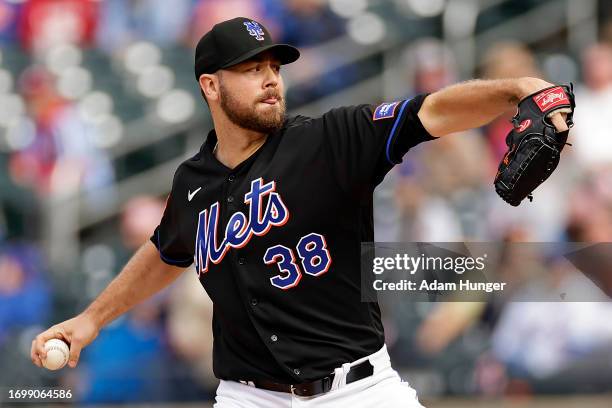 Tylor Megill of the New York Mets pitches against the Philadelphia Phillies during the first inning of game one of a doubleheader at Citi Field on...