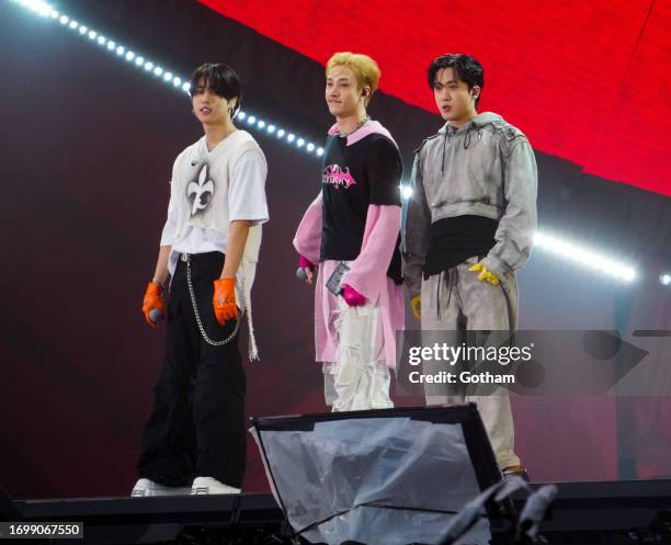 Bang Chan, Changbin, and Han of Kpop band 3RACHA/Stray Kids are seen at the 2023 Global Citizen Festival on September 22, 2023 in New York City.