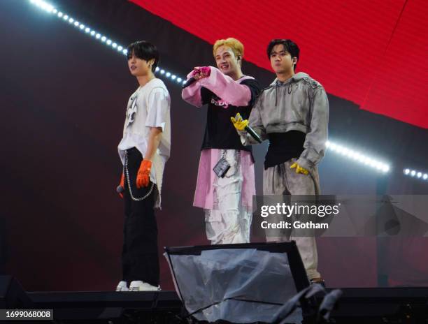 Bang Chan, Changbin, and Han of Kpop band 3RACHA/Stray Kids are seen at the 2023 Global Citizen Festival on September 22, 2023 in New York City.