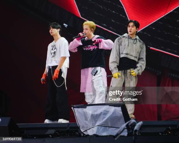 Bang Chan, Changbin, and Han of Kpop band 3RACHA/Stray Kids are seen at the 2023 Global Citizen Festival on September 22, 2023 in New York City.