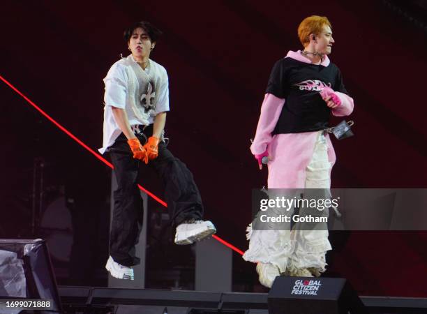 Bang Chan, Changbin, and Han of Kpop band 3RACHA/Stray Kids are seen at the 2023 Global Citizen Festival on September 22, 2023 in New York City.