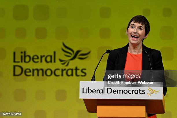 Caroline Pidgeon MBE AM, gives her speech at the Liberal Democrat conference at Bournemouth International Centre on September 24, 2023 in...