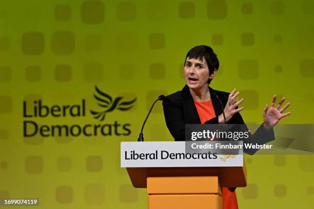 Caroline Pidgeon MBE AM, gives her speech at the Liberal Democrat conference at Bournemouth International Centre on September 24, 2023 in...