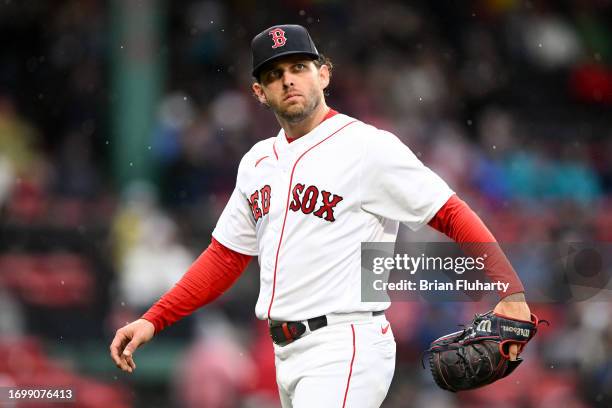 Kutter Crawford of the Boston Red Sox walks off of the field after being taken out of a game against the Chicago White Sox during the sixth inning at...