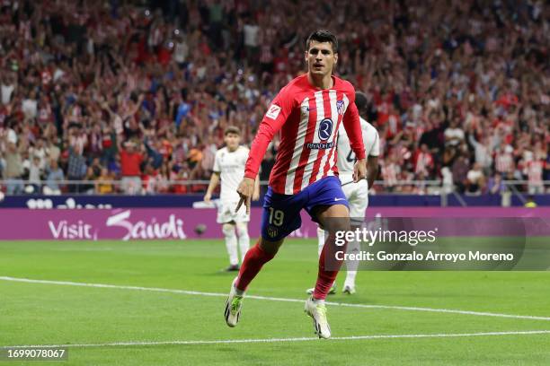 Alvaro Morata of Atletico Madrid celebrates after scoring the team's first goal during the LaLiga EA Sports match between Atletico Madrid and Real...