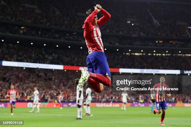 Alvaro Morata of Atletico Madrid celebrates after scoring the team's first goal during the LaLiga EA Sports match between Atletico Madrid and Real...