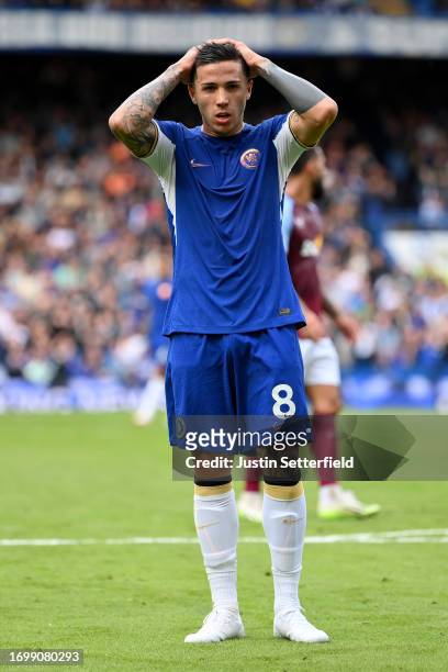 Enzo Fernandez of Chelsea looks dejected during the Premier League match between Chelsea FC and Aston Villa at Stamford Bridge on September 24, 2023...