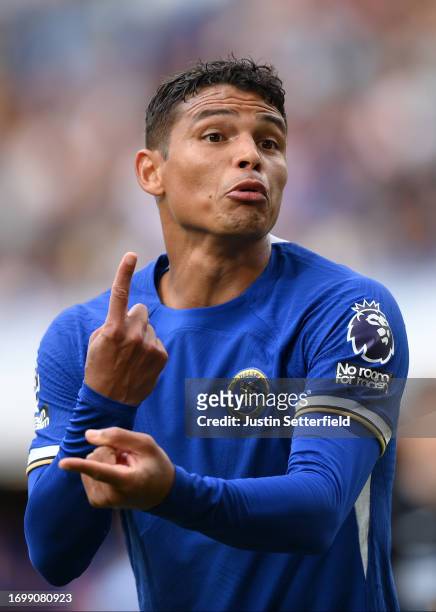 Thiago Silva of Chelsea reacts during the Premier League match between Chelsea FC and Aston Villa at Stamford Bridge on September 24, 2023 in London,...