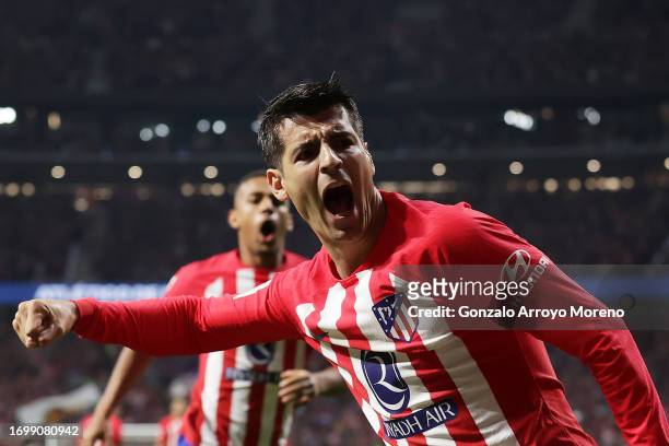 Alvaro Morata of Atletico Madrid celebrates after scoring the team's first goal during the LaLiga EA Sports match between Atletico Madrid and Real...