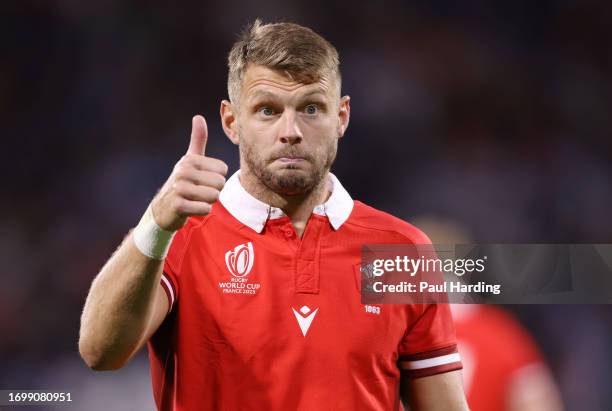 Dan Biggar of Wales reacts during the Rugby World Cup France 2023 match between Wales and Australia at Parc Olympique on September 24, 2023 in Lyon,...