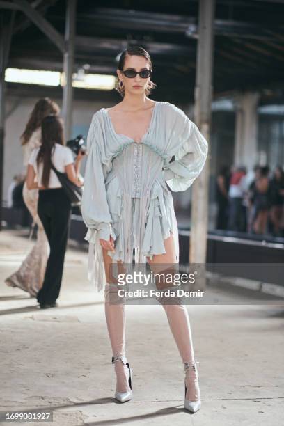 Marta Sanchez is seen wearing Aniye Records dress outside Aniye Records fashion show during the Milan Fashion Week - Womenswear Spring/Summer 2024 on...