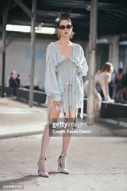 Marta Sanchez is seen wearing Aniye Records dress outside Aniye Records fashion show during the Milan Fashion Week - Womenswear Spring/Summer 2024 on...