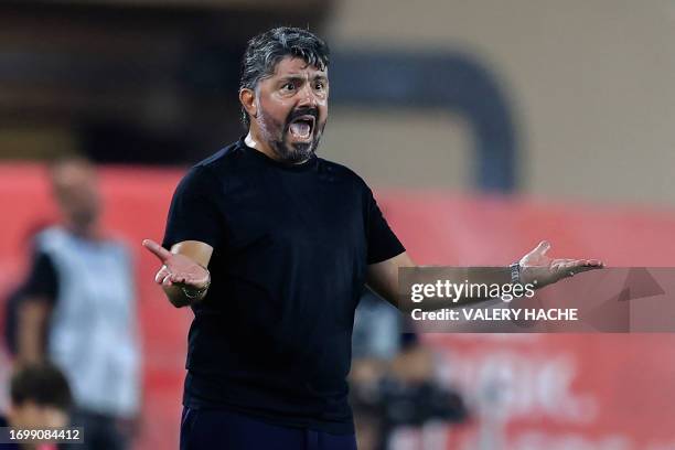 Marseille's Italian head coach Gennaro Gattuso reacts during the French football match between AS Monaco and Olympique de Marseille at the Louis II...