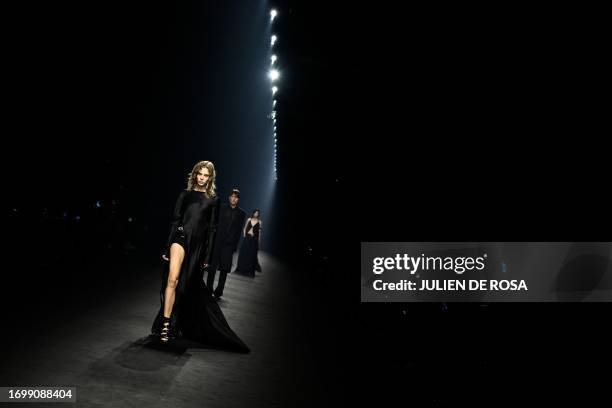 Models present creations for Ann Demeulemeester during the Paris Fashion Week Womenswear Spring/Summer 2024, in Paris on September 30, 2023.