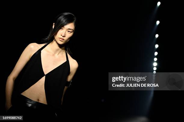 Model presents a creation for Ann Demeulemeester during the Paris Fashion Week Womenswear Spring/Summer 2024, in Paris on September 30, 2023.