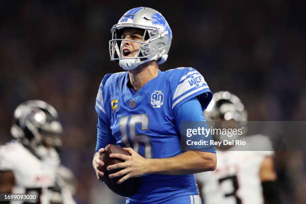 Jared Goff of the Detroit Lions reacts in the second half of a game against the Atlanta Falcons at Ford Field on September 24, 2023 in Detroit,...