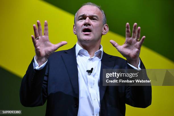 Sir Ed Davey, leader of the Liberal Democrats, takes a question and answer session at Bournemouth International Centre on September 24, 2023 in...