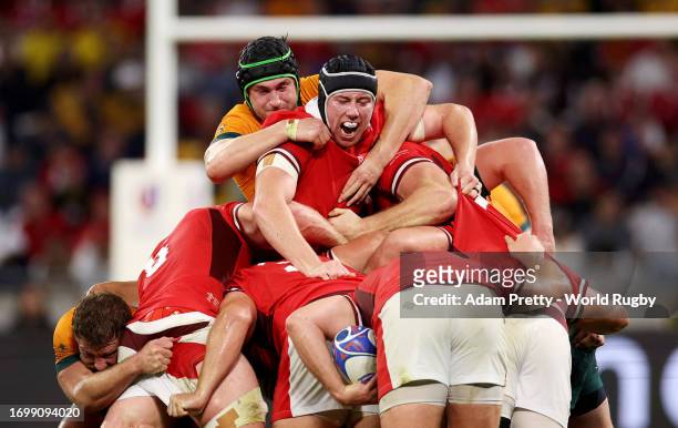 The two teams compete in a scrum during the Rugby World Cup France 2023 match between Wales and Australia at Parc Olympique on September 24, 2023 in...