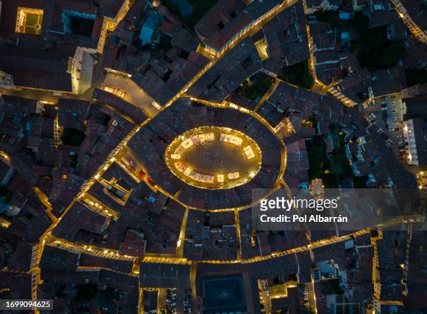 aerial view of the main square, piazza dell'anfiteatro, in lucca, tuscany, italy - lucca italy stock pictures, royalty-free photos & images