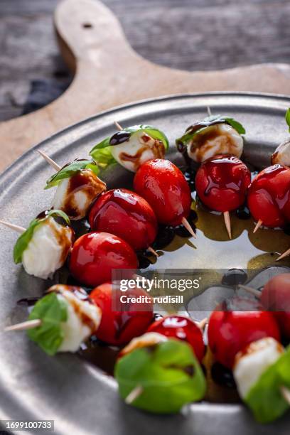 caprese on a stick - antipasto stock pictures, royalty-free photos & images