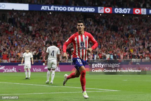 Alvaro Morata of Atletico de Madrid celebrates scoring their opening goal during the LaLiga EA Sports match between Atletico Madrid and Real Madrid...