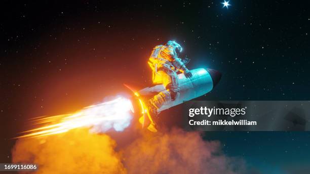 astronauta si avventura nello spazio in un audace viaggio in razzo - spaceship foto e immagini stock