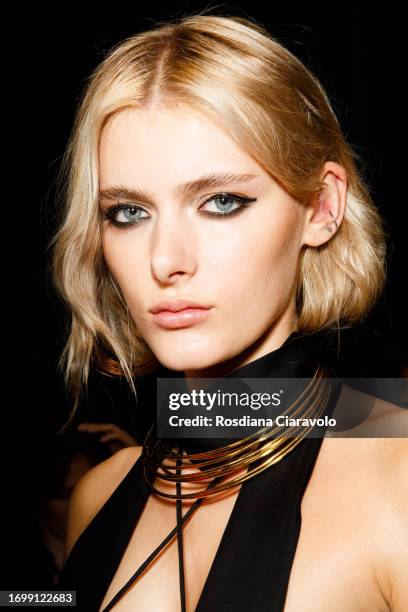 Model backstage ahead of the Luisa Spagnoli fashion show during the Milan Fashion Week Womenswear Spring/Summer 2024 on September 24, 2023 in Milan,...