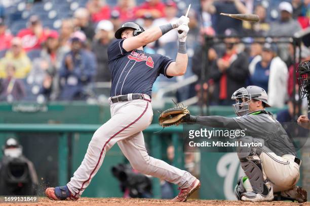 Sean Murphy of the Atlanta Braves hits a broken bat home run in the ninth th inning during game one of a doubleheader against the Washington...
