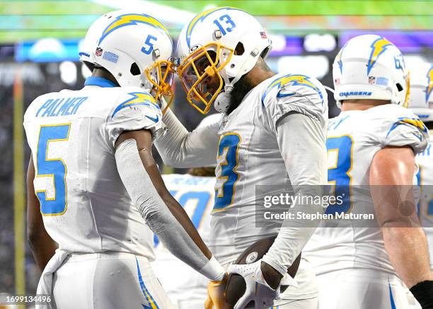 Joshua Palmer of the Los Angeles Chargers and Keenan Allen of the Los Angeles Chargers celebrate after Palmer's receiving touchdown during the fourth...