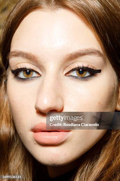 Model, make up detail, backstage ahead of the Luisa Spagnoli fashion show during the Milan Fashion Week Womenswear Spring/Summer 2024 on September...