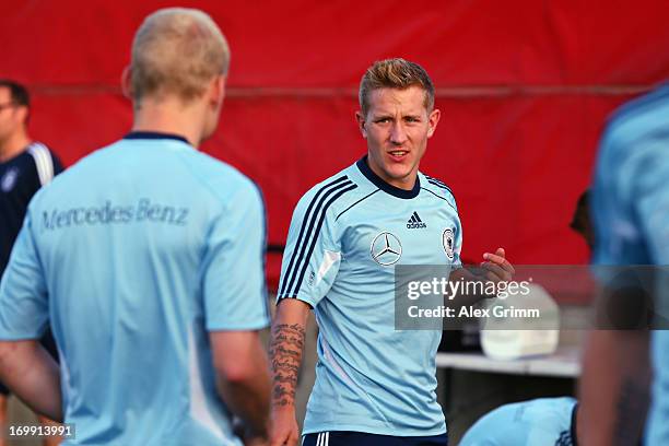 Lewis Holtby looks on during a Germany U21 training session at Hodorov training ground on June 4, 2013 in Tel Aviv, Israel.