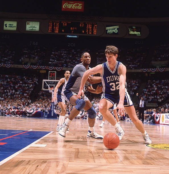 Playoffs: Duke Christian Laettner in action vs Georgetown Alonzo Mourning at Meadowlands Arena. East Rutherford, NJ, 3/26/1989 CREDIT: Manny Millan