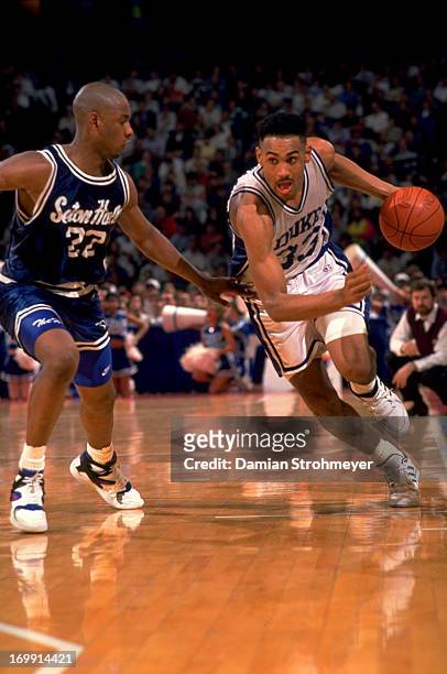 Playoffs: Duke Grant Hill in action vs Seton Hall Gordon Winchester at the Spectrum. Philadelphia, PA 3/26/1992 CREDIT: Damian Strohmeyer